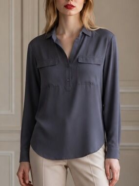 Ann Taylor Petite Gray Utility Blouse | Long Sleeve | XXSP